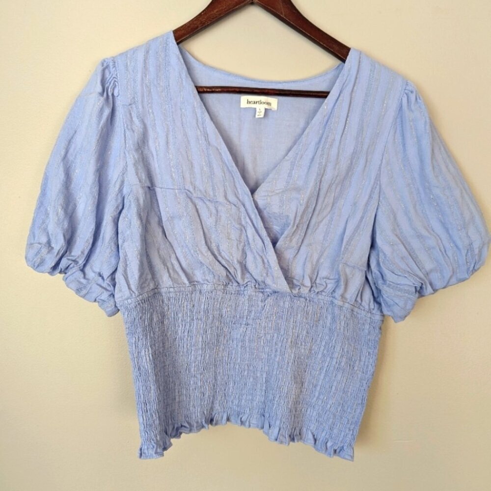 Heartloom Light Blue Puff Sleeve Smocked Waist Blouse